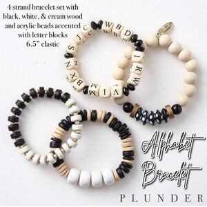 Plunder Design Beaded Alphabet Elastic Teacher 4pc Bracelet Set Black White Tan